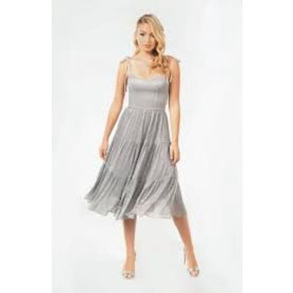 Dress The Population Size M Dream Dove Midi Dress Silver Metallic Cocktail NWT